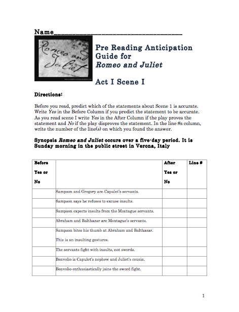 Romeo and Juliet: Anticipation Guide - Act I